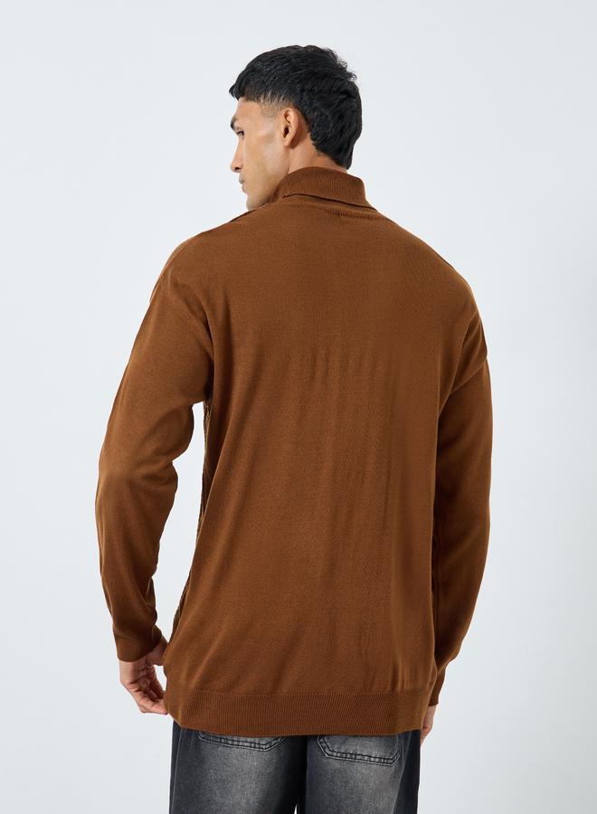 Styli Men Brown Textured Turtleneck Sweater - Image 4