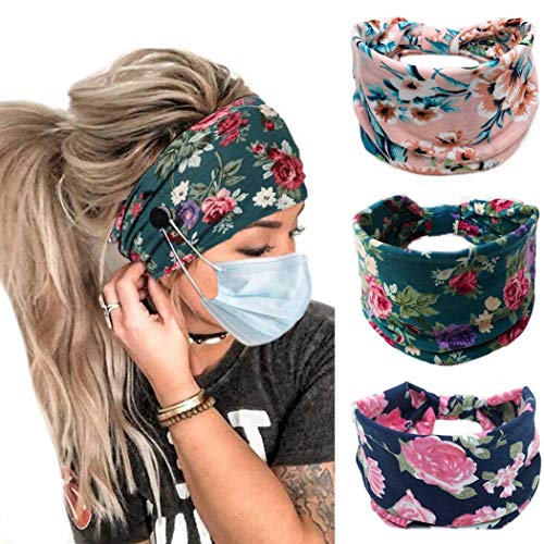 Bohend Boho Button Headbands with Mask Buttons - Wide Stretchy Knotted Headwear for Women Girls, 3 Pack Soft Cotton Hair Accessories for Yoga, Gym, Sports Daily Wear - Image 1