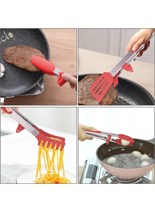 PLENARO Set of 3 Stainless Steel Food Tongs with Silicone Tips, 3 Types Heavy Duty Non-Stick Clamp Clip for Kitchen BBQ Cooking Grilling Buffet Noodles Salad Steak (RED) - Image 4
