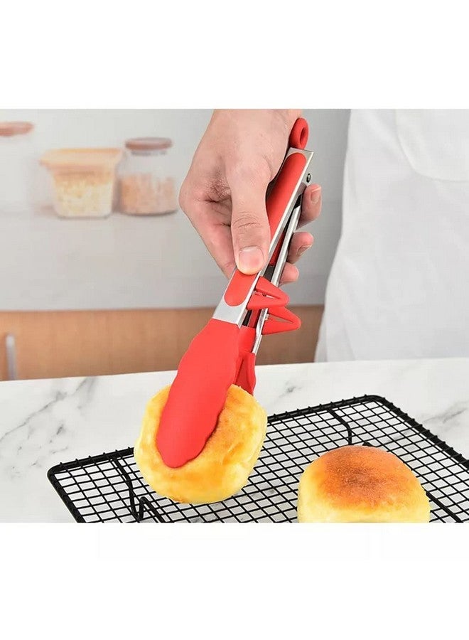 PLENARO Set of 3 Stainless Steel Food Tongs with Silicone Tips, 3 Types Heavy Duty Non-Stick Clamp Clip for Kitchen BBQ Cooking Grilling Buffet Noodles Salad Steak (RED) - Image 2