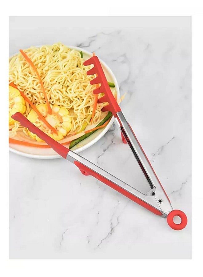 PLENARO Set of 3 Stainless Steel Food Tongs with Silicone Tips, 3 Types Heavy Duty Non-Stick Clamp Clip for Kitchen BBQ Cooking Grilling Buffet Noodles Salad Steak (RED) - Image 3