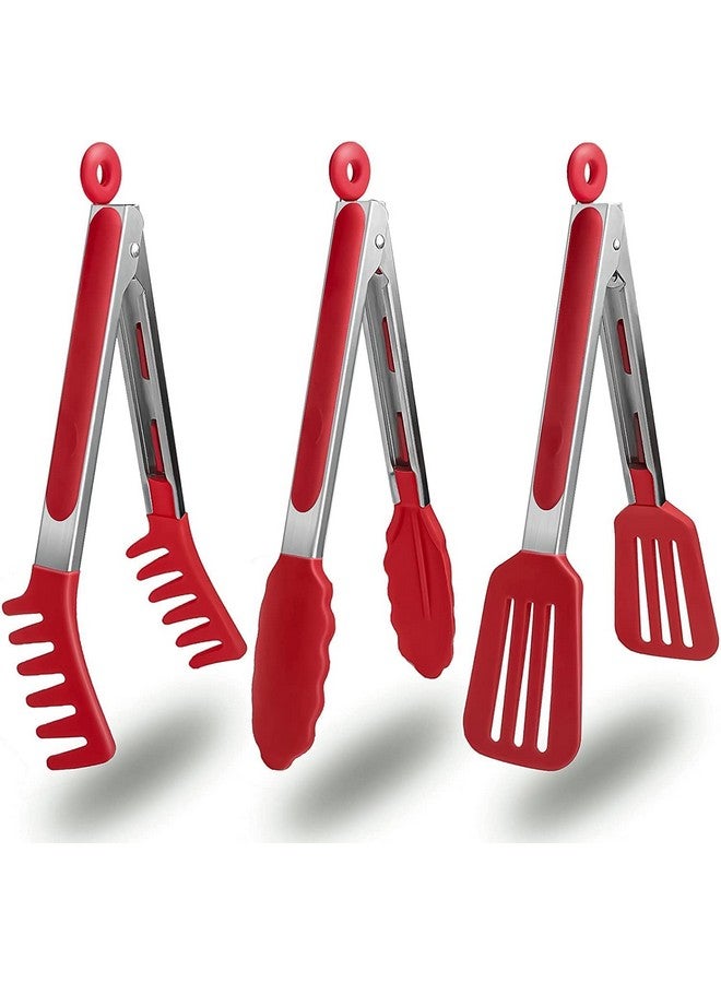 PLENARO Set of 3 Stainless Steel Food Tongs with Silicone Tips, 3 Types Heavy Duty Non-Stick Clamp Clip for Kitchen BBQ Cooking Grilling Buffet Noodles Salad Steak (RED) - Image 1