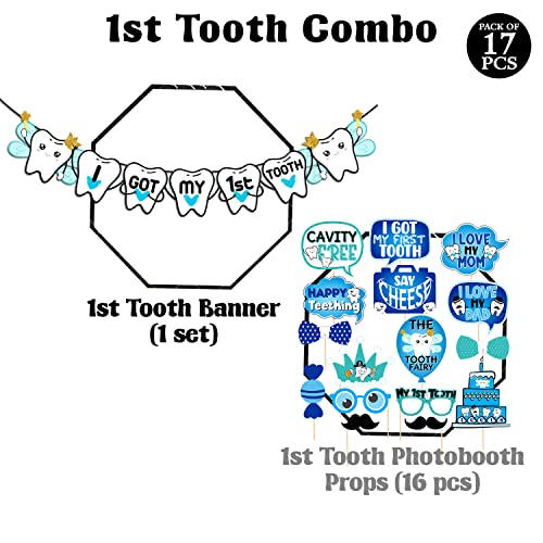 Zyozique 16 Pcs I Got My First Tooth Photo Booth Party Props 1 Set I Got My First Birthday Paper Banner/First Tooth Decoration/First Tooth Decoration Items for Baby (Pack of 17) - Image 2