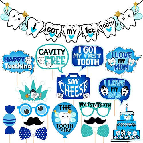 Zyozique 16 Pcs I Got My First Tooth Photo Booth Party Props 1 Set I Got My First Birthday Paper Banner/First Tooth Decoration/First Tooth Decoration Items for Baby (Pack of 17) - Image 1