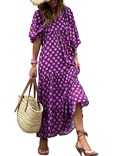 miduo Womens Long Dresses Fashion Summer Spring V Neck Half Sleeve Bohemian Floral Pattern Maxi Long Dresses Beach Purple M - Image 1