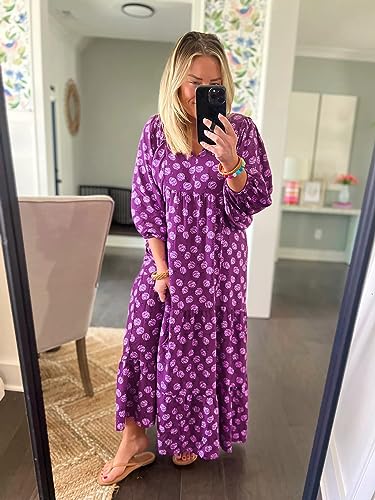 miduo Womens Long Dresses Fashion Summer Spring V Neck Half Sleeve Bohemian Floral Pattern Maxi Long Dresses Beach Purple M - Image 5