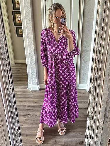 miduo Womens Long Dresses Fashion Summer Spring V Neck Half Sleeve Bohemian Floral Pattern Maxi Long Dresses Beach Purple M - Image 4