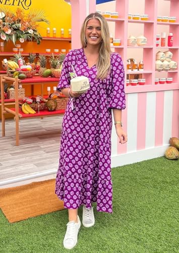 miduo Womens Long Dresses Fashion Summer Spring V Neck Half Sleeve Bohemian Floral Pattern Maxi Long Dresses Beach Purple M - Image 2