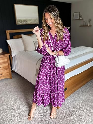 miduo Womens Long Dresses Fashion Summer Spring V Neck Half Sleeve Bohemian Floral Pattern Maxi Long Dresses Beach Purple M - Image 3