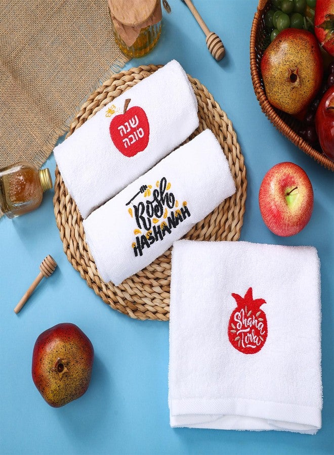 FuWeave 3 Pcs Embroidered Rosh Hashanah Hand Towel Cotton Pomegranate Shana Tova Bathroom Kitchen Towels Happy Rosh Hashanah Kitchen Towels Jewish Holiday Hostess Gift for Holiday Party Decorations - Image 3