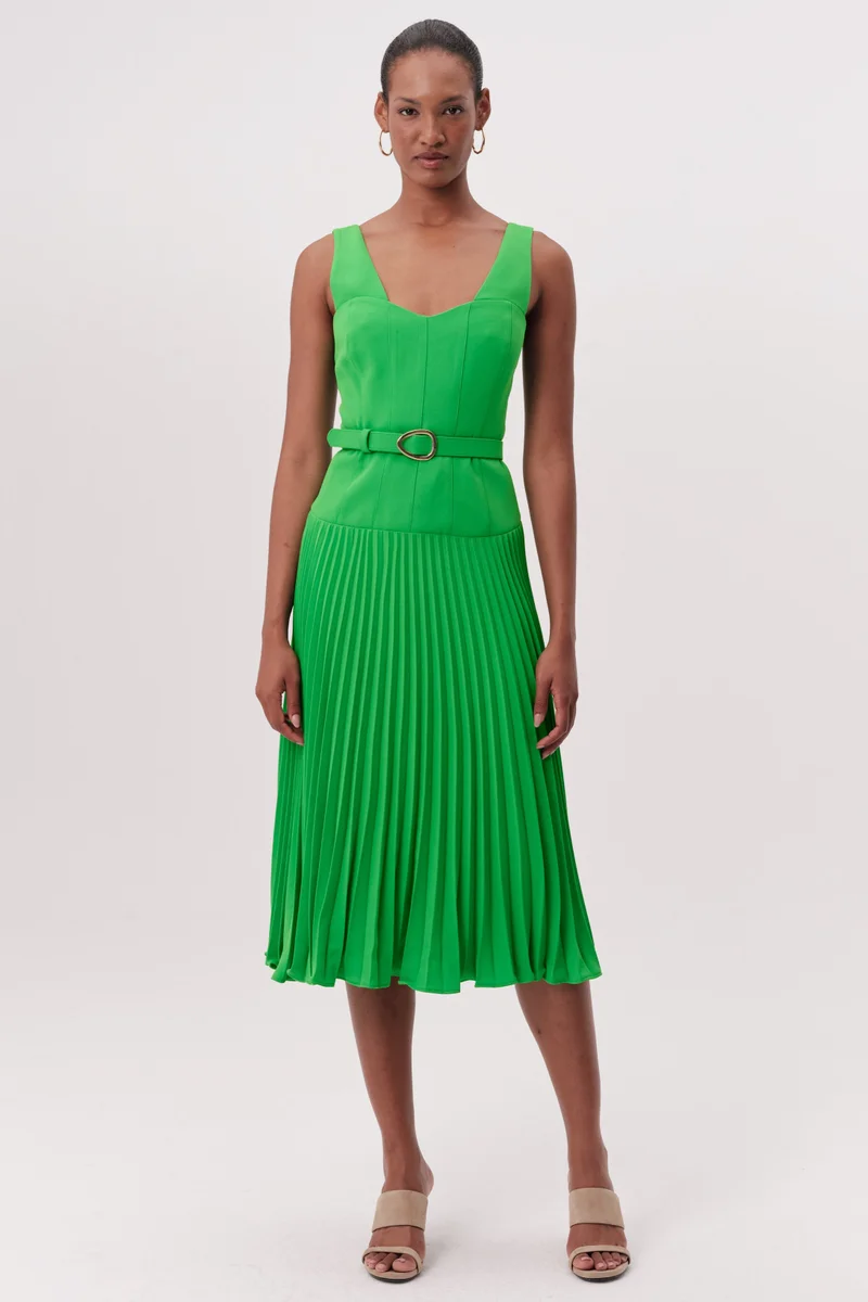 EXQUISE Pleated Belt Detail Midi Length Crepe Dress