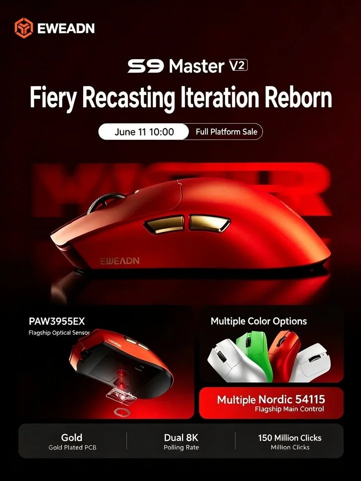 Eweadn S9 V2 Master Dual 8K Wireless Gaming Mouse PAW3955EX 50000DPI 750IPS 60G Ergonomic Low Latency for PC Esports - Image 3