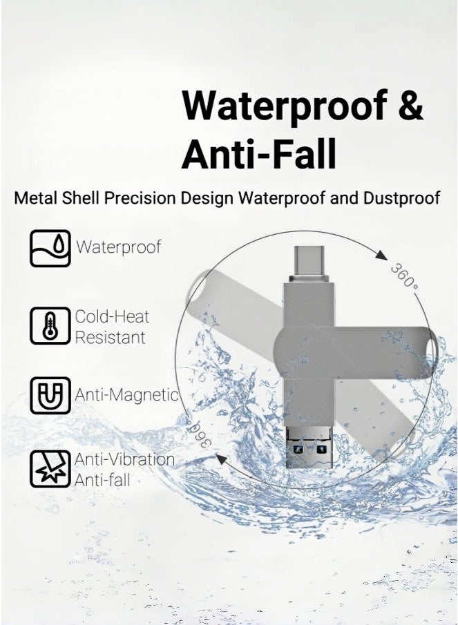 ARUWA Multi-Functions USB Flash Drive 128GB with Dual USB &Type-C 360° Swivel Metal Thumb Drive, High-Speed Transfer for Smartphones/PC/Mac Waterproof Keychain Hook Silver - Image 2