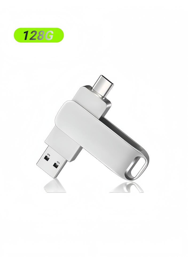 ARUWA Multi-Functions USB Flash Drive 128GB with Dual USB &Type-C 360° Swivel Metal Thumb Drive, High-Speed Transfer for Smartphones/PC/Mac Waterproof Keychain Hook Silver - Image 1