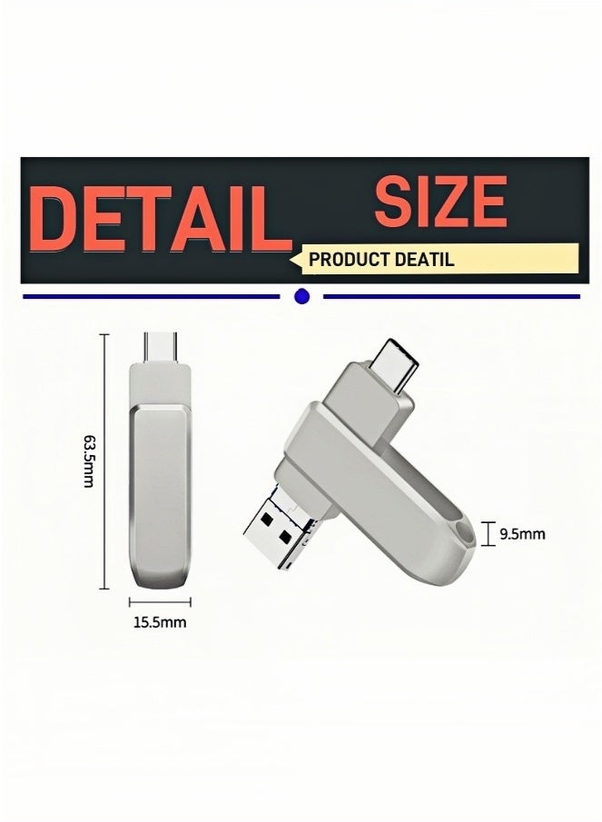 ARUWA Multi-Functions USB Flash Drive 128GB with Dual USB &Type-C 360° Swivel Metal Thumb Drive, High-Speed Transfer for Smartphones/PC/Mac Waterproof Keychain Hook Silver - Image 3