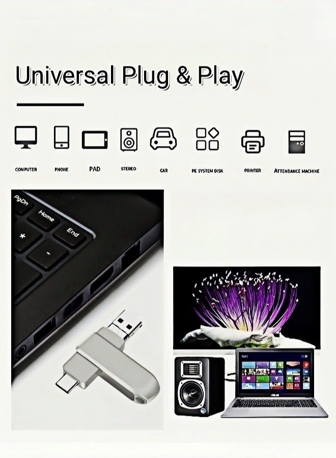 ARUWA Multi-Functions USB Flash Drive 128GB with Dual USB &Type-C 360° Swivel Metal Thumb Drive, High-Speed Transfer for Smartphones/PC/Mac Waterproof Keychain Hook Silver - Image 5