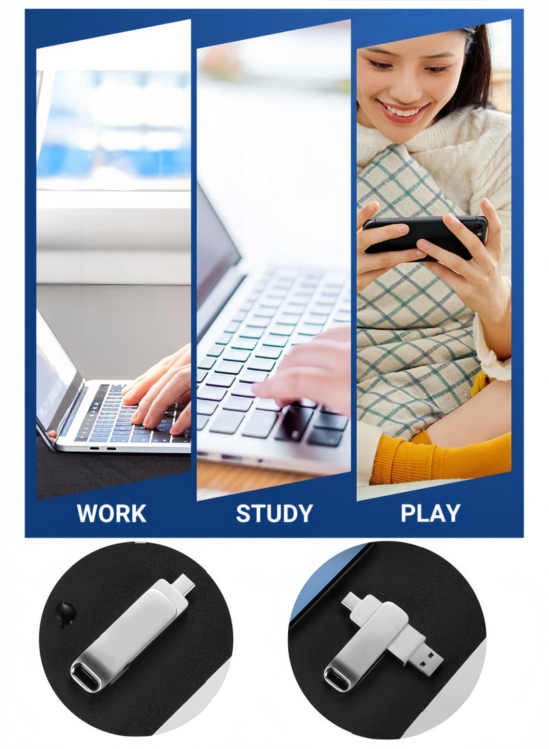 ARUWA Multi-Functions USB Flash Drive 128GB with Dual USB &Type-C 360° Swivel Metal Thumb Drive, High-Speed Transfer for Smartphones/PC/Mac Waterproof Keychain Hook Silver - Image 4