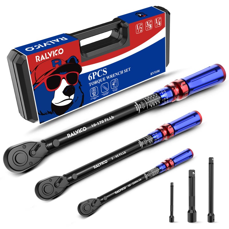 RALVICO Torque Wrench Set 1/4'' & 3/8'' & 1/2'' Â±3% Accuracy 72-Tooth Dual Scale Dual-Direction Adjustable Drive Click Torque Wrench 5-45 Ft.Lb& 20-220 In.Lb& 10-170 Ft.Lb for Bike,Car,Moto,Truck,DIY - Image 1