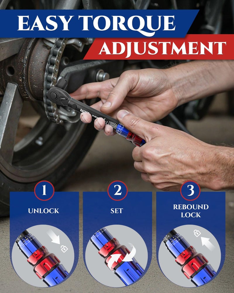 RALVICO Torque Wrench Set 1/4'' & 3/8'' & 1/2'' Â±3% Accuracy 72-Tooth Dual Scale Dual-Direction Adjustable Drive Click Torque Wrench 5-45 Ft.Lb& 20-220 In.Lb& 10-170 Ft.Lb for Bike,Car,Moto,Truck,DIY - Image 5