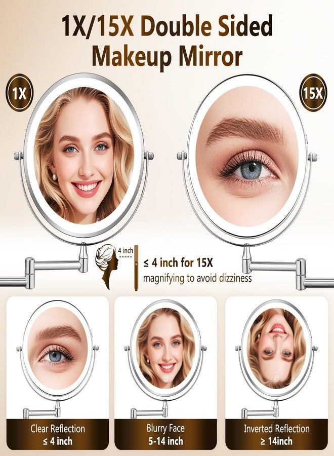 DECLUTTR Wall Mounted Lighted Makeup Mirror, Rechargeable 1X/15X Magnifying Mirror 8 Inch Double Sided, 3 Colors Vanity Mirror with Lights, Touch Dimmable 360° Rotation Foldable - Image 4