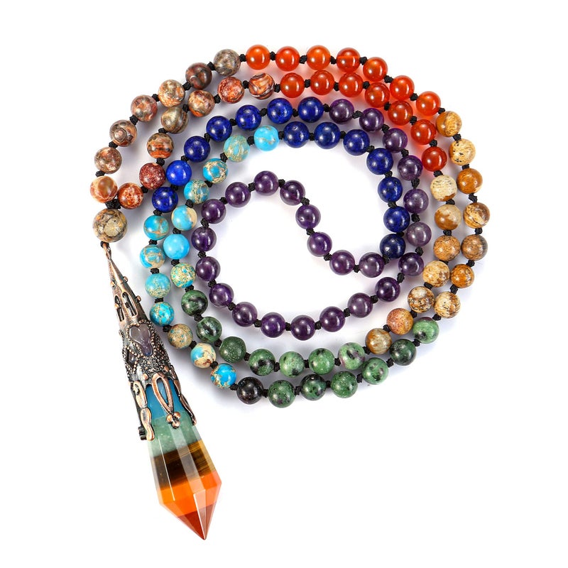 Jovivi Jovivi 108 Mala Beads Bracelet Real Stones 7 Chakra Healing Crystals Necklace with 12 Facted Prism Pointed Pendant Reiki Energy Balancing Prayer Mala Beads for Meditation  - Image 1