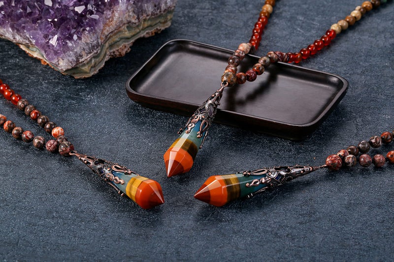 Jovivi Jovivi 108 Mala Beads Bracelet Real Stones 7 Chakra Healing Crystals Necklace with 12 Facted Prism Pointed Pendant Reiki Energy Balancing Prayer Mala Beads for Meditation  - Image 2