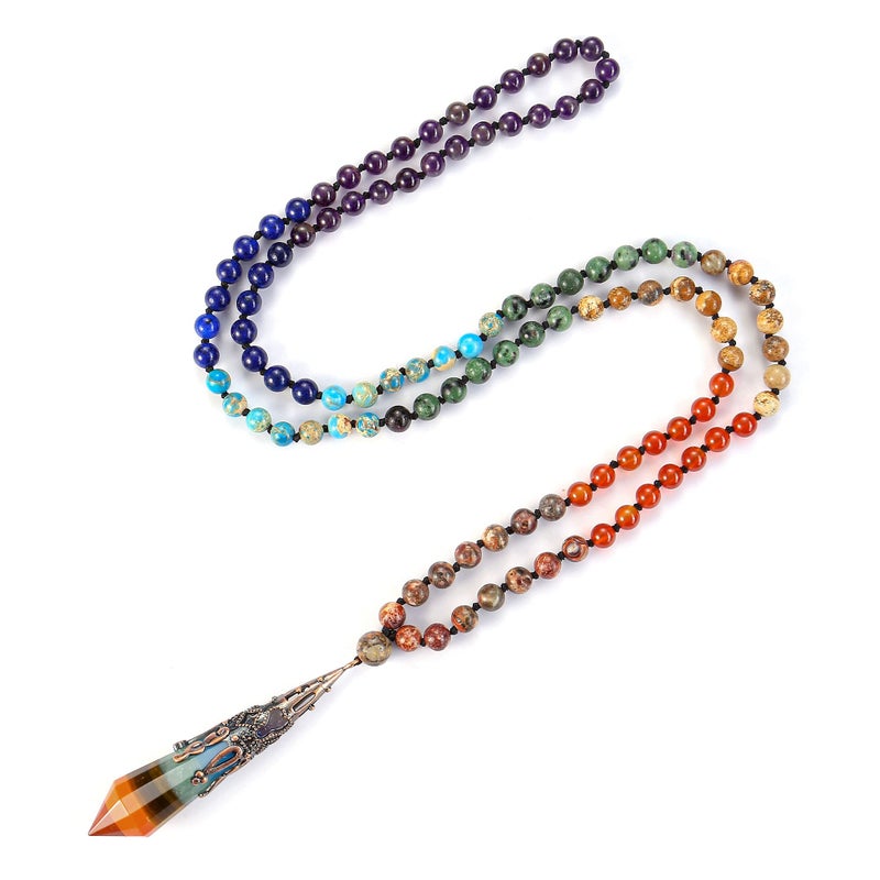Jovivi Jovivi 108 Mala Beads Bracelet Real Stones 7 Chakra Healing Crystals Necklace with 12 Facted Prism Pointed Pendant Reiki Energy Balancing Prayer Mala Beads for Meditation  - Image 5