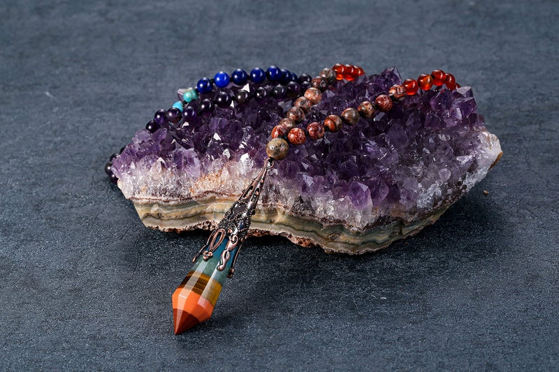 Jovivi Jovivi 108 Mala Beads Bracelet Real Stones 7 Chakra Healing Crystals Necklace with 12 Facted Prism Pointed Pendant Reiki Energy Balancing Prayer Mala Beads for Meditation  - Image 3