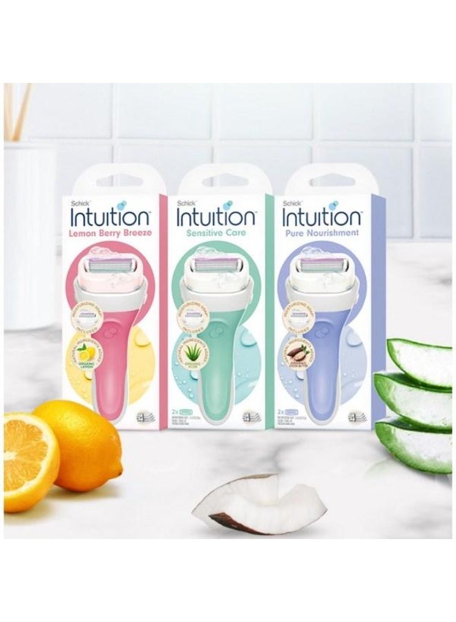 schick 3-piece Chic Intuition women's hair removal device set with lemon, raspberry, and coconut scents, and includes razor blades.