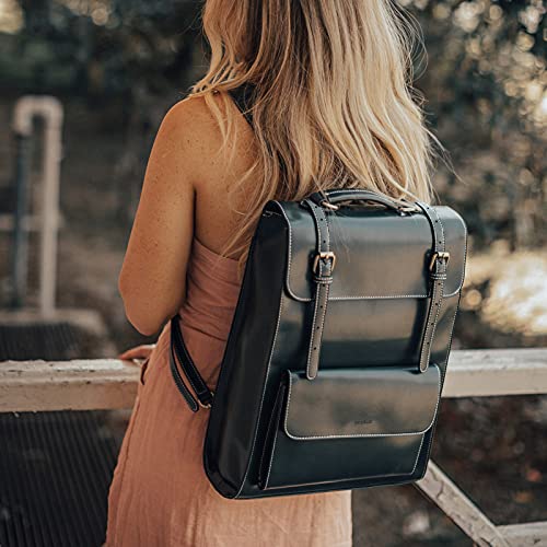 ECOSUSI Laptop Backpack for Women PU Leather Backpack Vintage for Laptop 15.6 inches Computer Bag College Bookbag, Green - Image 2