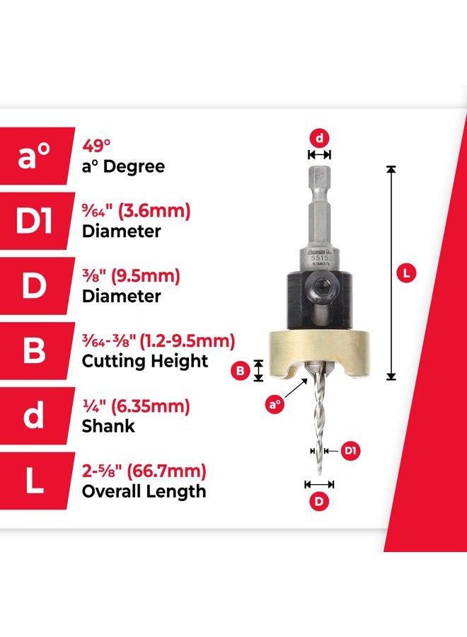 Amana Tool 55152 Carbide Tipped 82 Degree Countersink with Tapered Drill and Adjustable Depth Stop with No-Thrust BB 3/8 D x 9/64 Drill D x 1/4 Inch Quick Release Hex SHK - Image 4