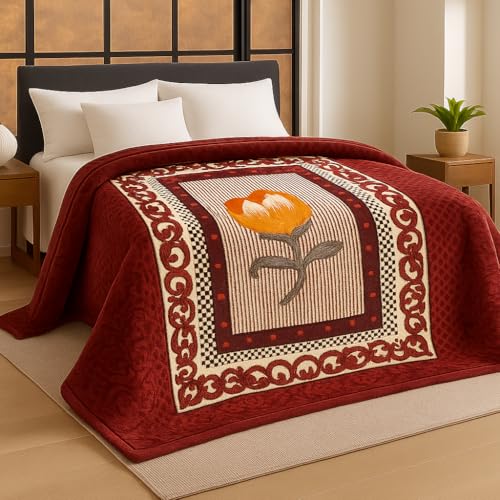 BSB HOME Super Soft Cloudy Printed Double Bed Mink Blanket for Mild Winter Heavy Winter, Single Ply (Layer) Blanket Warm Hot Cozy Lintfree 220 x 230 Cm – 2500 Grams (Classic Tulip Cream Panel Design) - Image 1