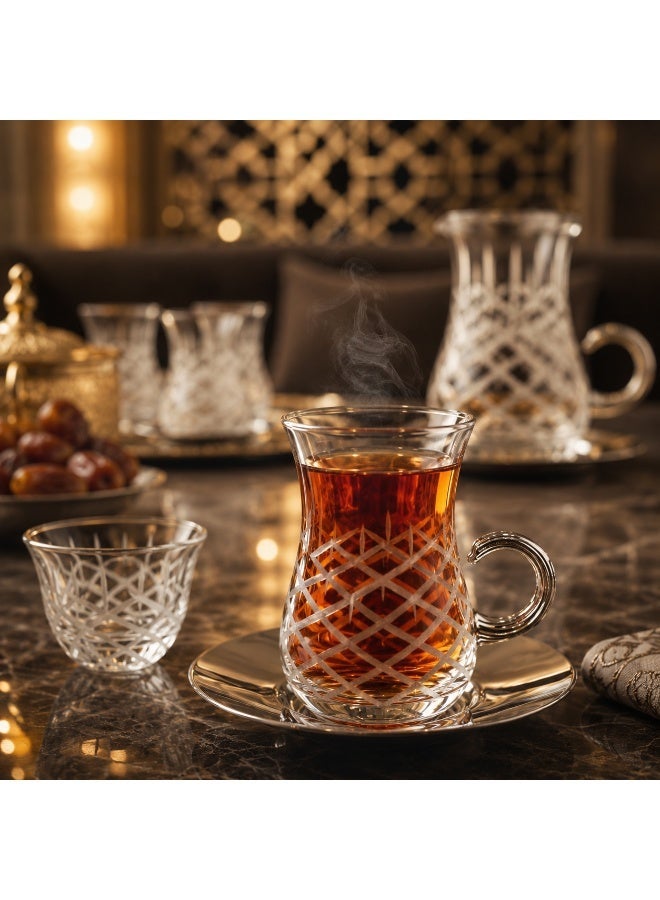 byblos 💎 Hand-engraved Turkish crystal Saudi tea and coffee set – 18 luxurious pieces (6 teacups + 6 stainless steel saucers + 6 Saudi coffee cups) ✨ - Image 1