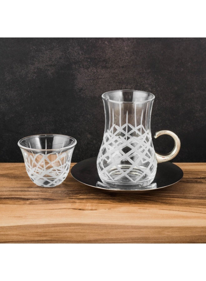 byblos 💎 Hand-engraved Turkish crystal Saudi tea and coffee set – 18 luxurious pieces (6 teacups + 6 stainless steel saucers + 6 Saudi coffee cups) ✨ - Image 2