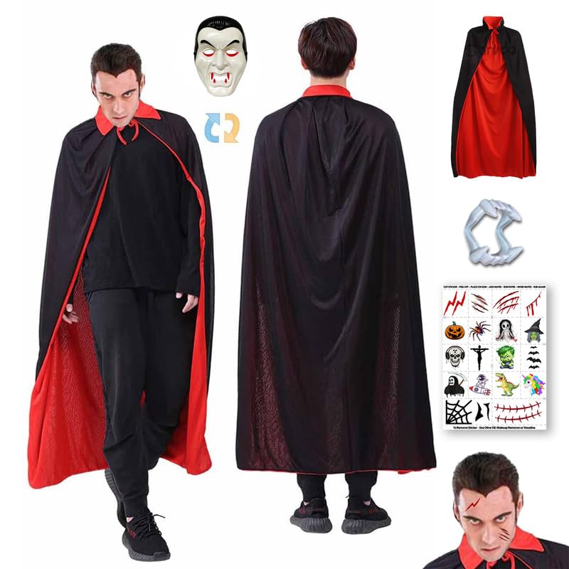 Sarvda Halloween Robe Dress for Men and Women | Cloak For Adults| Robe Vampire Costume with Dracula Mask | Dracula Teeth | Makeup Tattoo | Role Play Horror Haunted Theme Party,red,black,fabric - Image 1