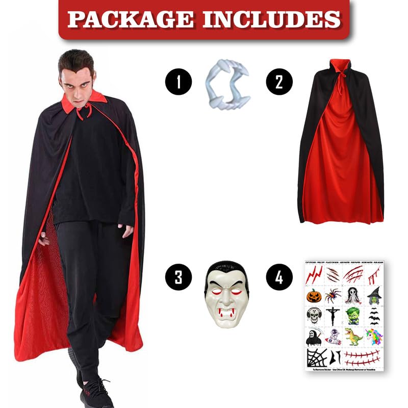 Sarvda Halloween Robe Dress for Men and Women | Cloak For Adults| Robe Vampire Costume with Dracula Mask | Dracula Teeth | Makeup Tattoo | Role Play Horror Haunted Theme Party,red,black,fabric - Image 2