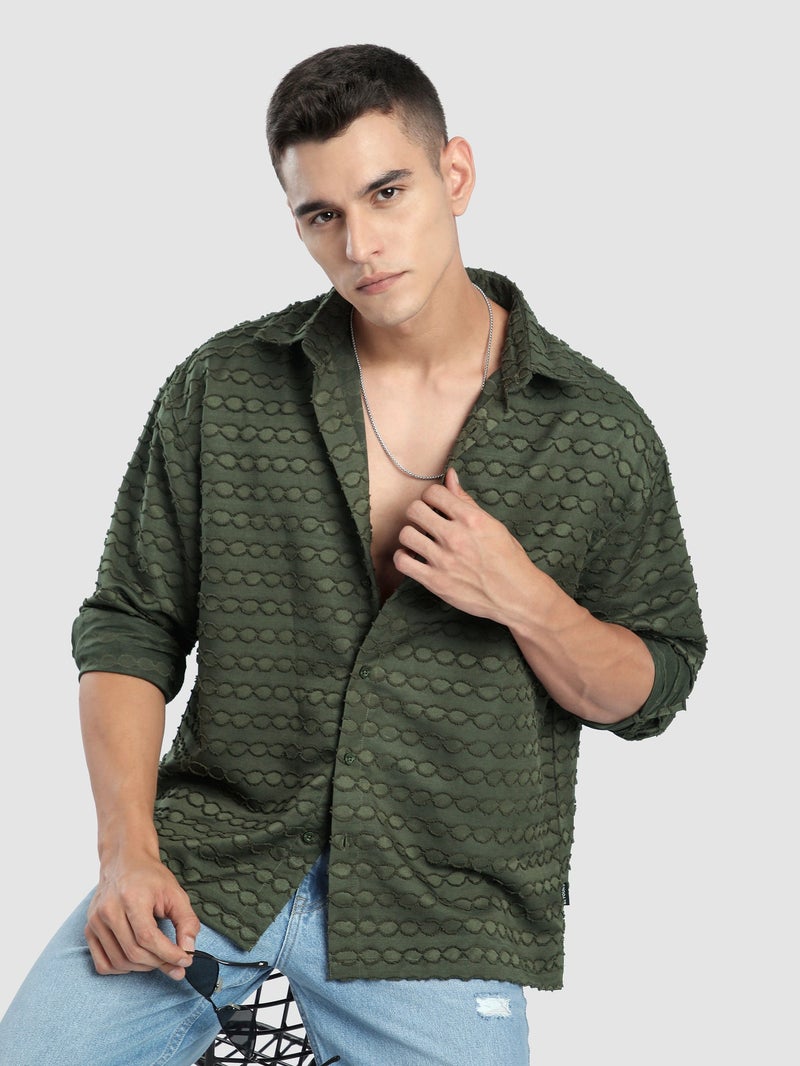 Beyoung Olive Fur Wave Textured Shirt - Image 2