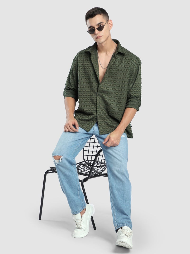 Beyoung Olive Fur Wave Textured Shirt - Image 5