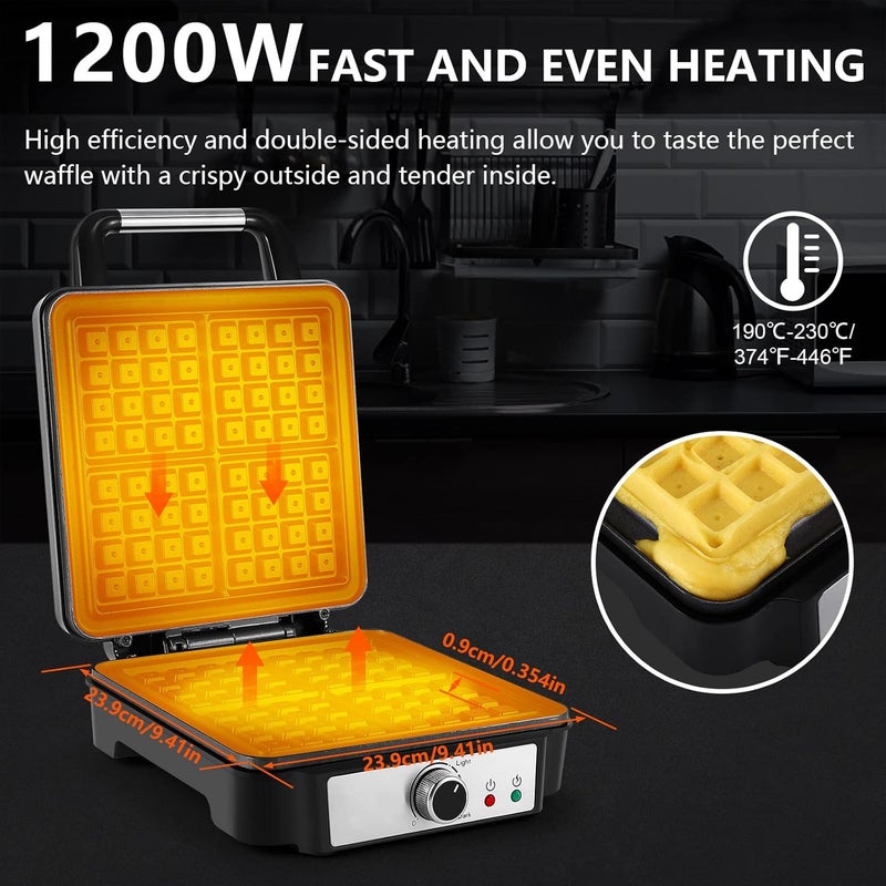 yashe Belgian Waffle Maker, 4-Slice Square Waffle Maker, 1200W Waffle Iron with 5 Browning Knob, Indicator Lights, Anti-overflow, Non-Stick Coating, 1200W, Silver/Black - Image 2