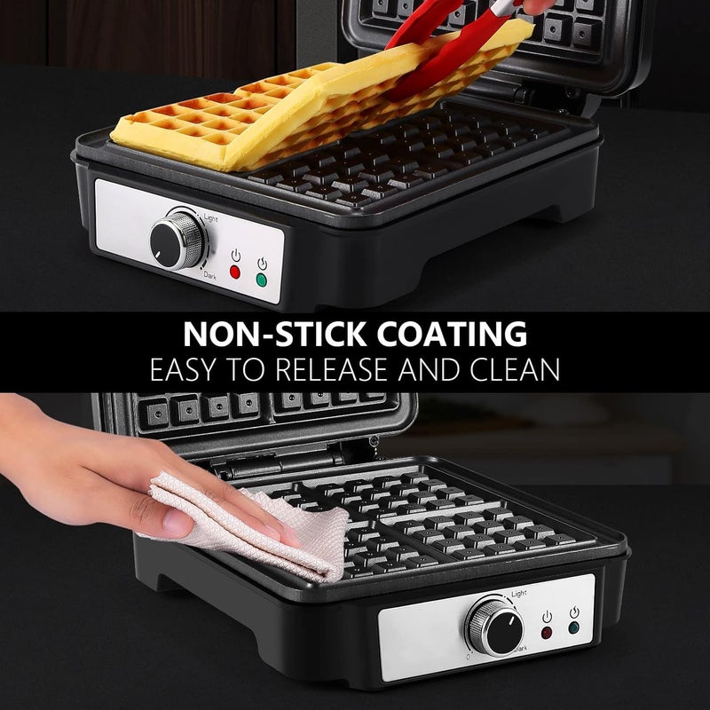 yashe Belgian Waffle Maker, 4-Slice Square Waffle Maker, 1200W Waffle Iron with 5 Browning Knob, Indicator Lights, Anti-overflow, Non-Stick Coating, 1200W, Silver/Black - Image 5