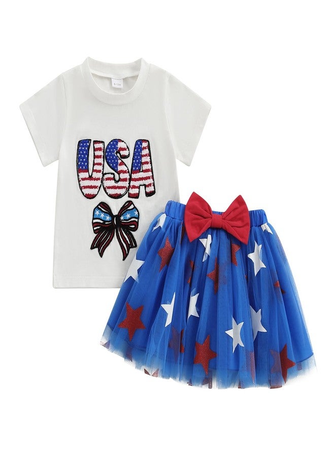 Douhoow Toddler Girl 4th of July Outfits Bow Letter Short Sleeve Baby Girl T-Shirts Tops Tutu Skirt Dress with Bow (White, 2-3T) - Image 1
