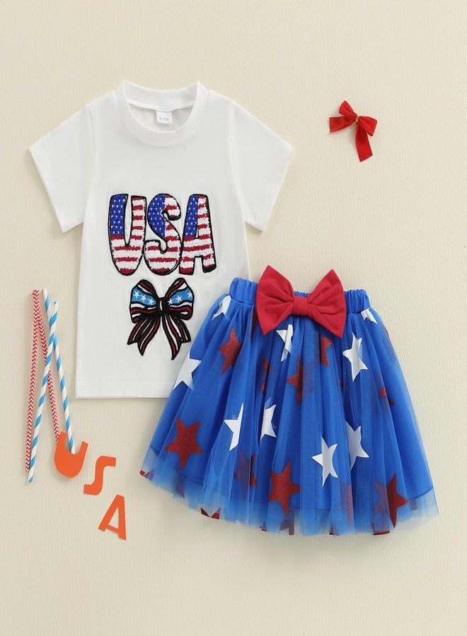 Douhoow Toddler Girl 4th of July Outfits Bow Letter Short Sleeve Baby Girl T-Shirts Tops Tutu Skirt Dress with Bow (White, 2-3T) - Image 2