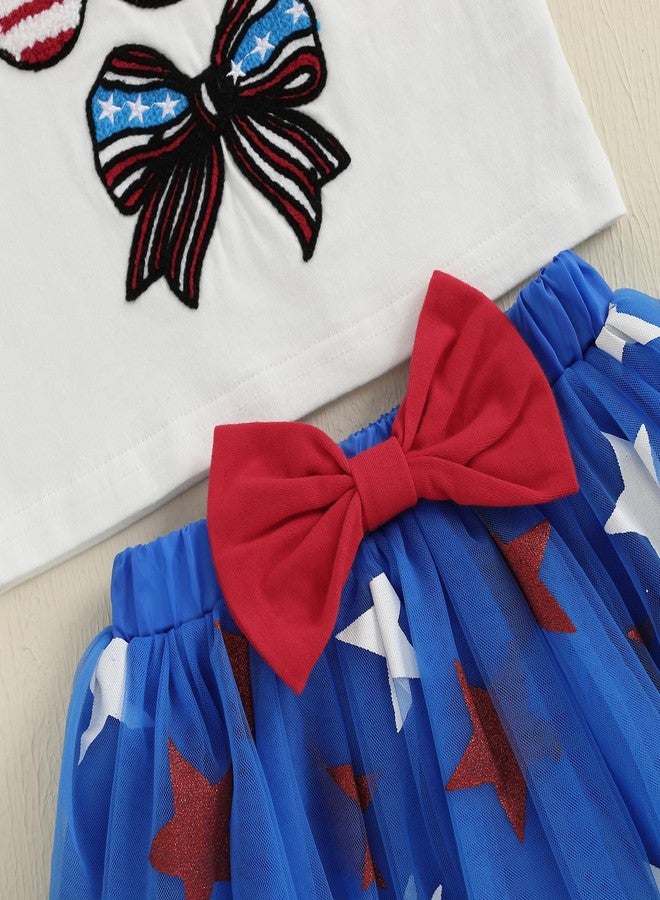 Douhoow Toddler Girl 4th of July Outfits Bow Letter Short Sleeve Baby Girl T-Shirts Tops Tutu Skirt Dress with Bow (White, 2-3T) - Image 5