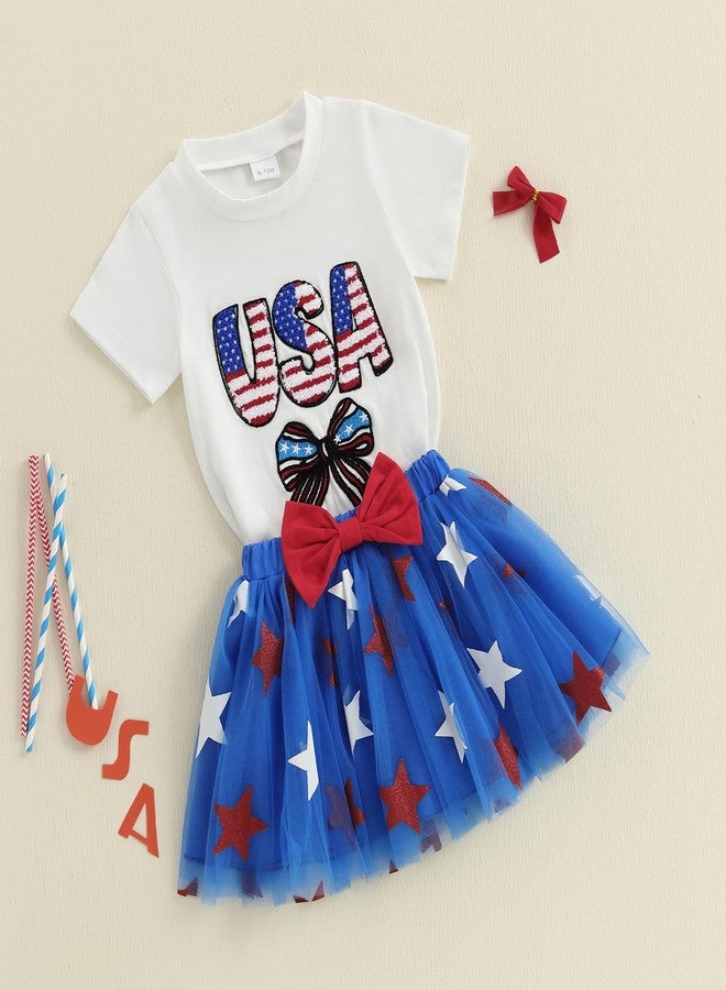 Douhoow Toddler Girl 4th of July Outfits Bow Letter Short Sleeve Baby Girl T-Shirts Tops Tutu Skirt Dress with Bow (White, 2-3T) - Image 3