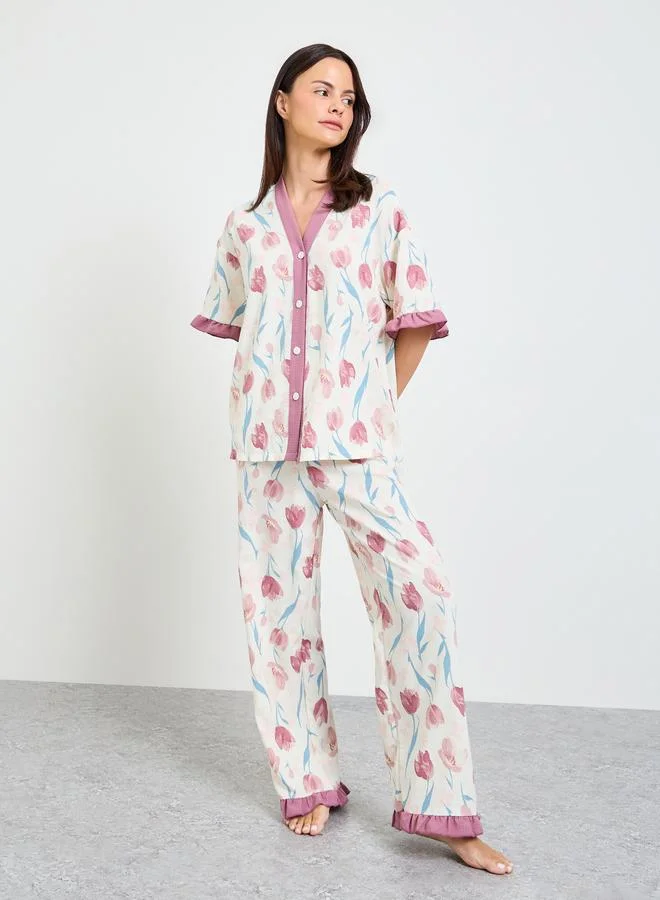 Take Two Off White Floral Ruffle Trim Shirt And Pyjama Set