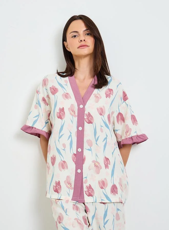 Take Two Off White Floral Ruffle Trim Shirt And Pyjama Set