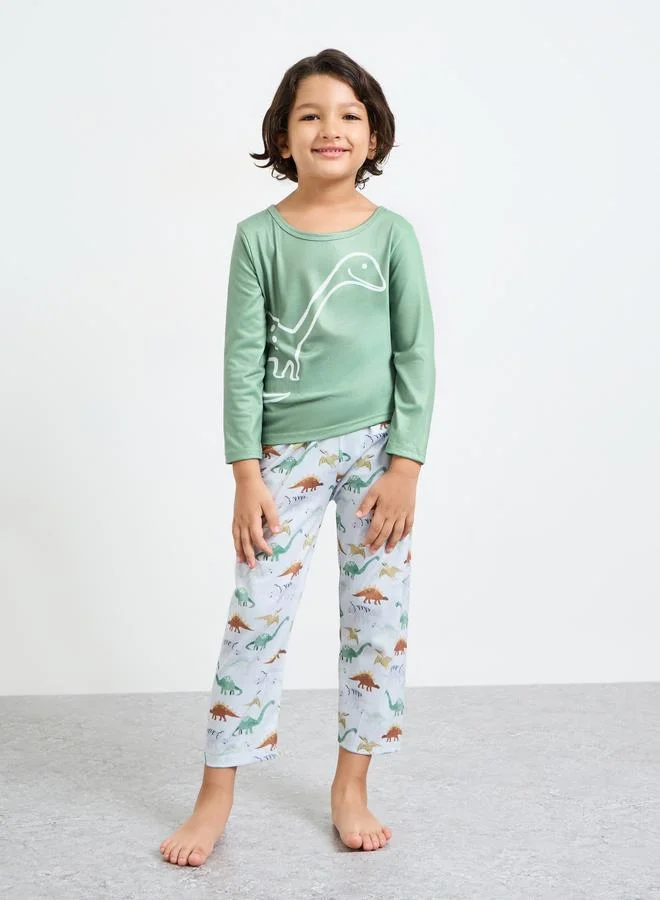 ستايلي Boys Dino Print Long Sleeves T-Shirt and Straight Leg Pyjama Set