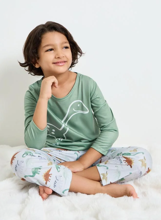 ستايلي Boys Dino Print Long Sleeves T-Shirt and Straight Leg Pyjama Set