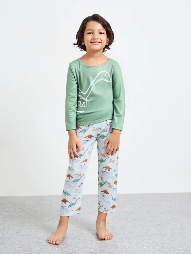 Styli Styli Boys Dino Print Long Sleeves T-Shirt and Straight Leg Pyjama Set