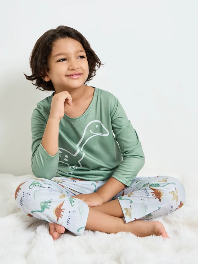 Styli Styli Boys Dino Print Long Sleeves T-Shirt and Straight Leg Pyjama Set